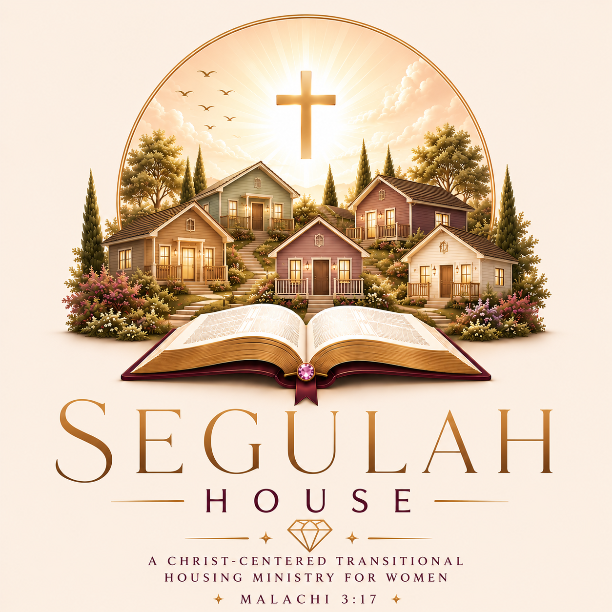 Segulah House monogram — cross over houses above an open Bible
